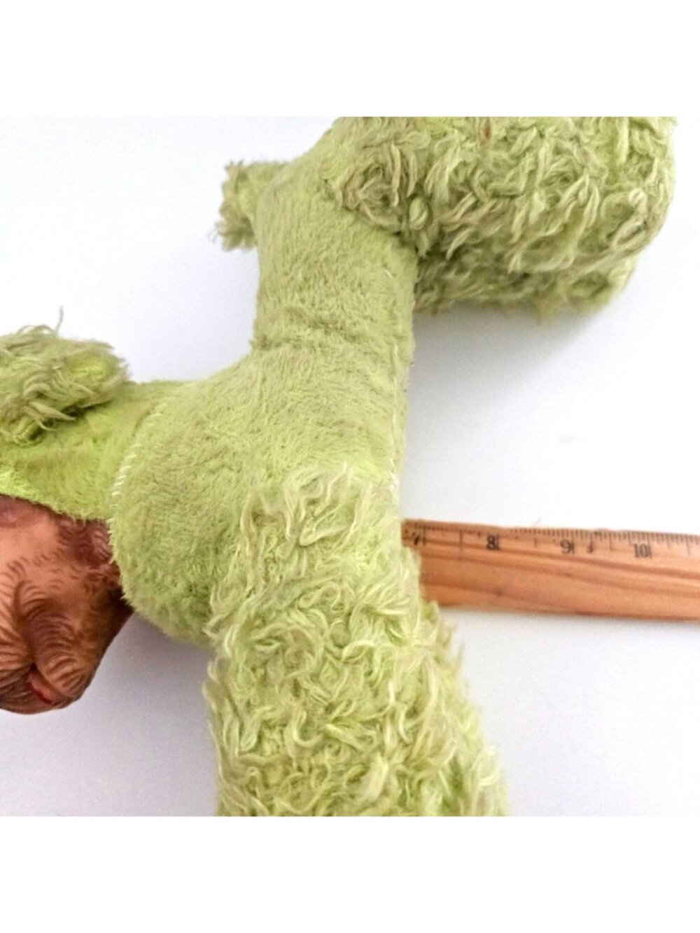 Vintage Rubber Face Dog Plush Toy Green Shaggy Fabric Mid-Century Style Hand-Sti - Picture 8 of 8